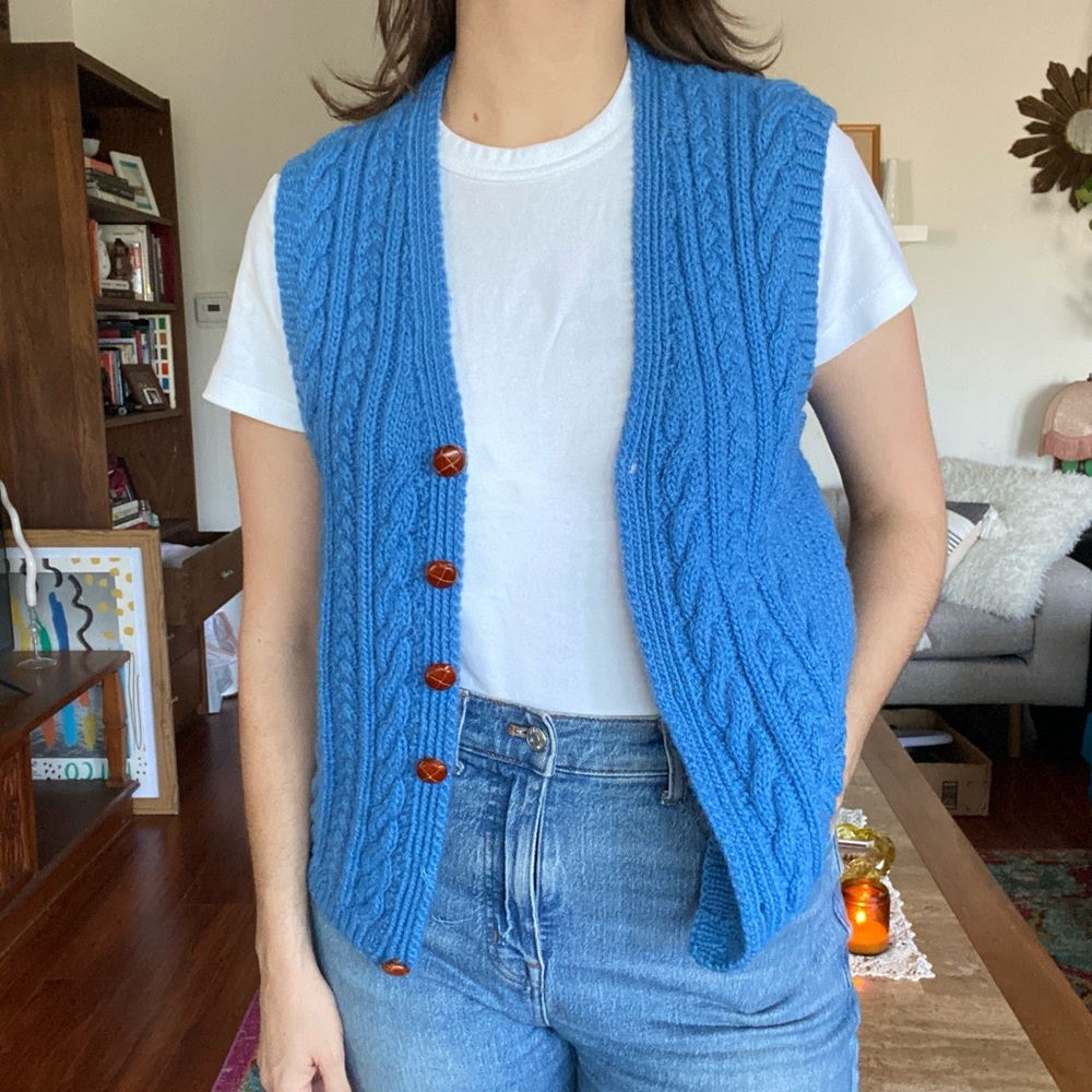 Handknit Blue Cable Knit Sweater Vest